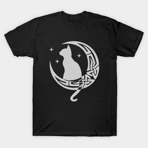 White Celtic Moon Cat T-Shirt by DepicSpirit